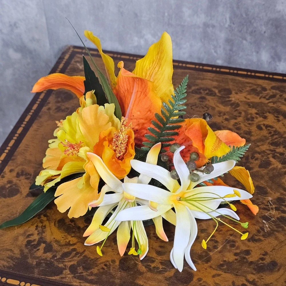 Tropical Hibiscus Lily Hair Flower‎ Clip Orange Yellow Tiki Pinup Rockabilly